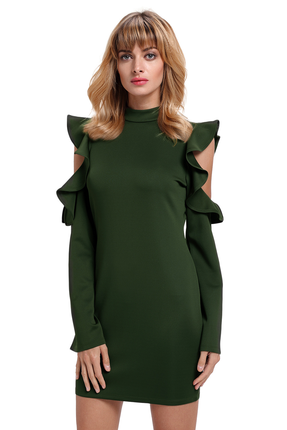 BY220150-9 Army Green Cold Shoulder Ruffle Long Sleeve Bodycon Dress